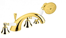 Смеситель для ванны/душа Cezares First на борт ванны, двухвентильный, неповоротный, длина 200 мм, керамический, латунь, цвет золото 24 карат, цвет ручек белый