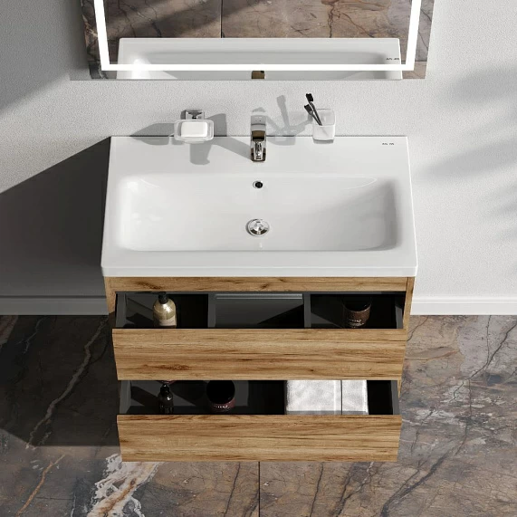 Тумба с раковиной 75 AM.PM Pulse размер 760x420x580 мм, подвесная, цвет светлое дерево, 2 выдвижных ящика, прямоугольная