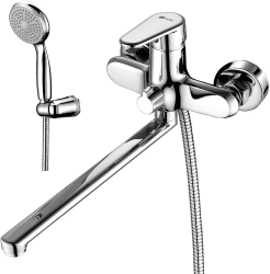 Смеситель для ванны Lemark Point LM0351C однорычажный, поворотный настенный, керамический, с длинным изливом 30 см, с гибким шлангом 150 см, 1-функциональная лейка, латунь, покрытие хром, цвет хром