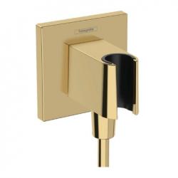 Шланговое подсоединение Hansgrohe HG FixFit E размер 9х9 см, цвет полированное золото, квадратное, держатель душевой лейки, встроенный обратный клапан с подключением для душевого шланга, декоративная накладка, резьбовое соединение, настенное