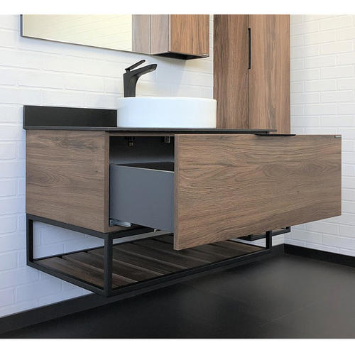 Тумба с раковиной Comforty Порто-90, 90,5х64,5х52 см, подвесная, 1 выдвижной ящик/открытая полка, ЛДСП/сталь, прямоугольная, цвет- дуб темно-коричневый/черный/раковина COMFORTY 9110, круглая, цвет белый, накладная