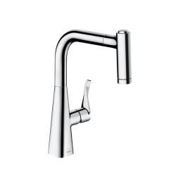 Смеситель для кухни/мойки Hansgrohe Metris M71 220, однорычажный, поворотный, керамический, с высоким выдвижным/вытяжным изливом/душем, высота излива 22,1 см, латунь, покрытие хром, цвет хром, на мойку