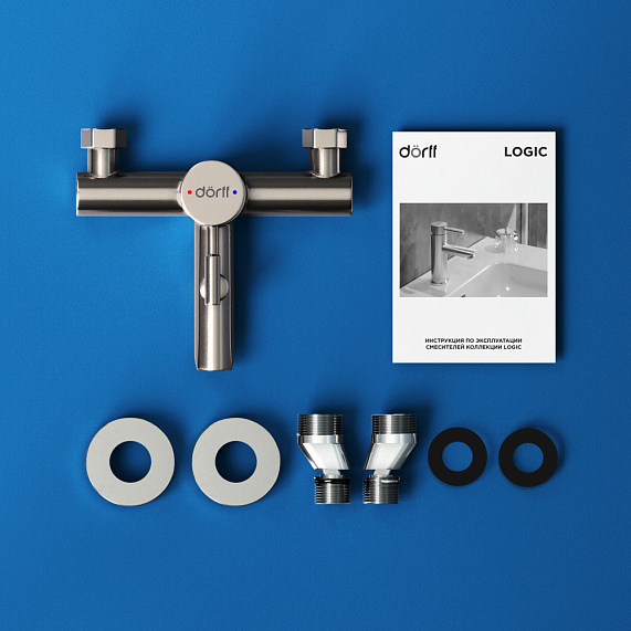 Смеситель для ванны/душа Dorff Logic однорычажный, керамический, настенный, излив короткий литой 124 мм, нержавеющая сталь, цвет никель