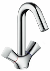 Смеситель для раковины Hansgrohe Logis, двухвентильный, поворотный излив, длина 14,5 см, керамический, латунь, цвет хром, с донным клапаном 71222000
