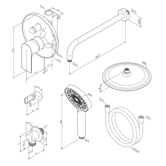 Душевая система Damixa Apollo встраиваемая, цвет черный матовый, комплект: смеситель/тропический душ круглый (с верхней лейкой)/лейка/шланг, латунь/ABS-пластик/ПВХ, скрытого монтажа 