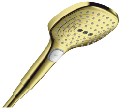 Лейка душевая Hansgrohe Raindance Select E 120, настенная, квадратная, с 3 режимами, регулируемая, пластмассовая, цвет полированное золото, ручная, для душа/ванной