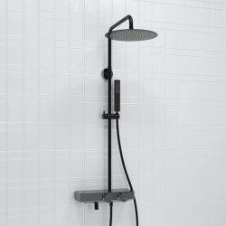 Душевая система WasserKRAFT Abens, высота 800-1250 мм, цвет хром/черный матовый, комплект: термостатический смеситель/излив/тропический душ (с верхней лейкой)/стойка/лейка/шланг, наружного монтажа