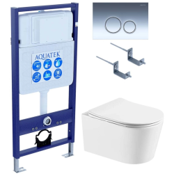 Комплект унитаза с инсталляцией Aquatek Оберон Т (Сет) c сиденьем микролифт, с клавишей смыва (кнопкой, клавишей двойного смыва) хром, комплект крепления, смыв Торнадо