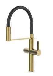 Смеситель для кухни/мойки IDDIS Ikon с каналом для фильтрованной воды, однорычажный, поворотный, керамический картридж, гибкий излив, длина излива 200 мм, латунь/силикон, цвет матовое золото/черный