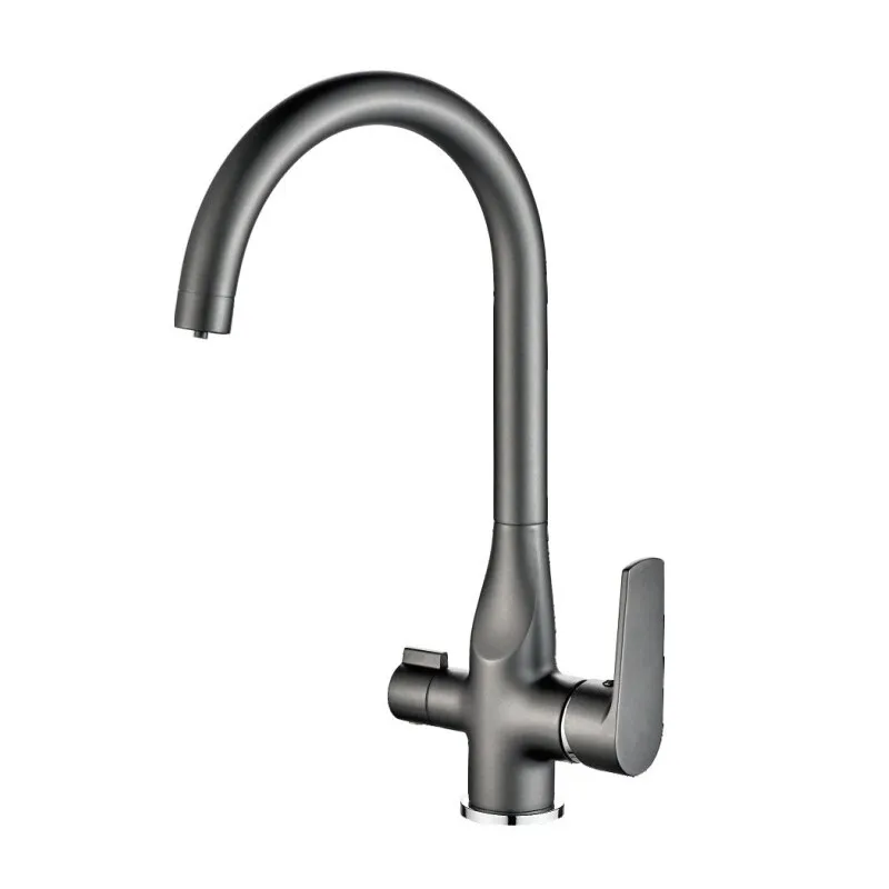 Смеситель для кухни/мойки HAIBA однозахватный, с подключением фильтра питьевой воды, поворотный, латунный, с высоким изливом, длина 229 мм, латунь, цвет серый