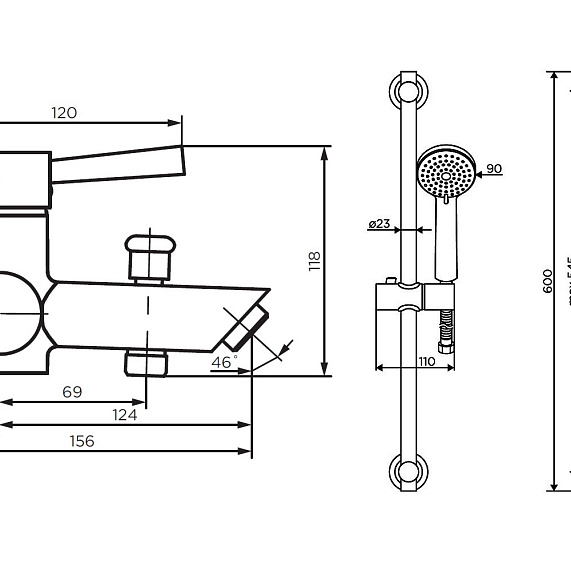 Смеситель для ванны/душа Dorff Logic однорычажный, керамический, настенный, излив неповоротный 124 мм, штанга/душевой шланг/лейка, нержавеющая сталь