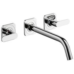 Смеситель для раковины Axor Citterio M, на 3 отверстия, двухвентильный, с рычаговыми рукоятками, скрытого монтажа, настенный, фиксированный излив, длина 22,6 см, керамический, латунь, цвет под сталь, незапираемый сливной набор