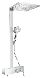 Душевая система Hansgrohe Raindance Select E Showerpipe 300 1jet, высота 106,6 см, цвет хром, комплект: верхний душ/ручной душ/термостат для душа/штанга для душа/держатель для душа, наружного монтажа, настенная, латунная, с термостатом