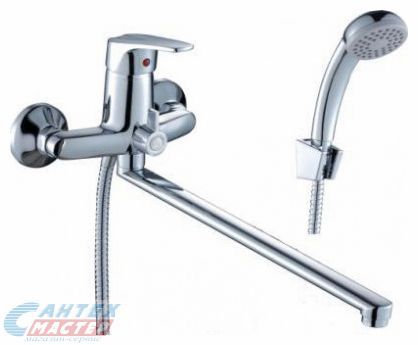 Смеситель для ванны/душа Rossinka D однорычажный, керамический, настенный, излив поворотный 350 мм, с гибким шлангом, душем/лейкой, латунь, цвет хром, длинный, универсальный, горизонтальный, рычажный, кран, комплект, сантехника, размер