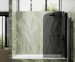 Душевая шторка на ванну MaybahGlass, 140х80 см, графитовое стекло/профиль черный, поворотная, закаленное стекло 6 мм, плоская/панель, правая/левая, правосторонняя/левосторонняя, универсальная