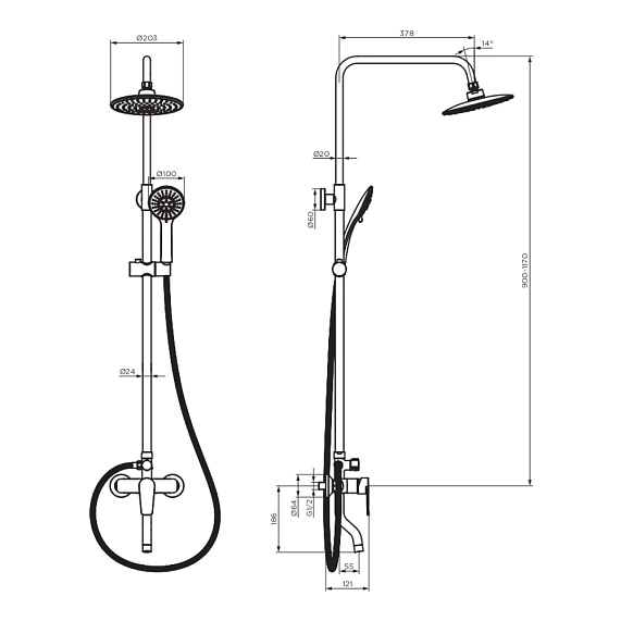 Душевая система Dorff Prime, высота 900-1170 мм, цвет хром, комплект: смеситель/излив/тропический душ круглый (с верхней лейкой)/стойка/лейка/шланг, латунь/пластик