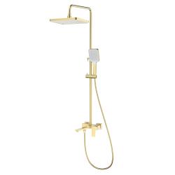 Душевая система Splenka S01.24.03 высота 620-1200 мм цвет сатин золотой, комплект: однорычажный смеситель/излив/тропический душ прямоугольный (с верхней лейкой)/лейка/стойка/шланг, латунь
