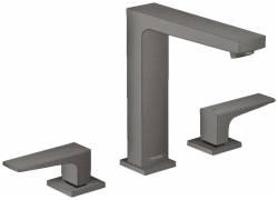 Смеситель для раковины Hansgrohe Metropol 160 на 3 отверстия, двухрычажный, фиксированный излив, длина 15,2 см, керамический, латунь, цвет шлифованный черный хром, со сливным клапаном Push-Open