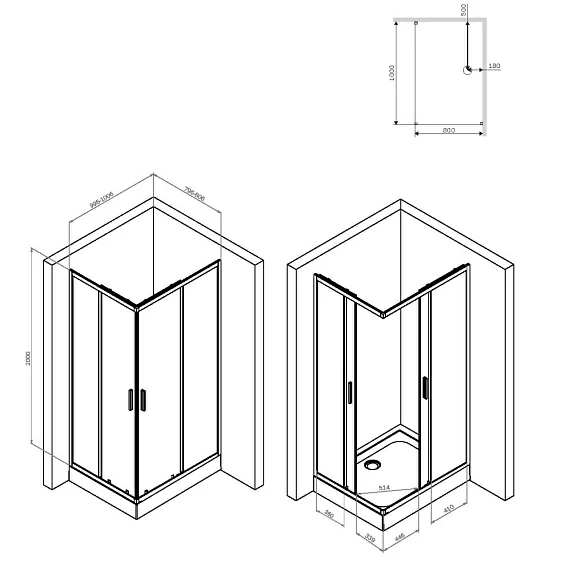 Душевое ограждение Am.Pm Gem S 100x80 см без поддона, универсальное, прозрачное закаленное стекло 5 мм, профиль алюминий, цвет черный матовый, с раздвижной дверью, прямоугольная