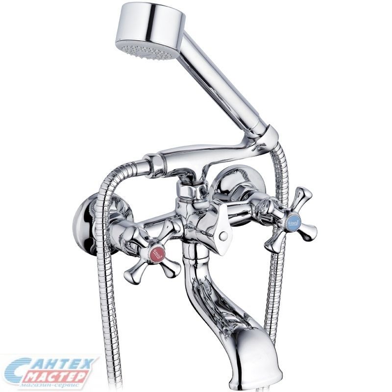 Смеситель для ванны/душа G-lauf двухвентильный, керамический, настенный, излив короткий 113 мм, с гибким шлангом, душем/лейкой, латунь хром, короткий, универсальный, горизонтальный, вентильный, кран, комплект, сантехника, размер, характеристики