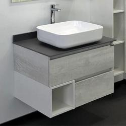 Тумба с раковиной Comforty Прага 75, 75х63х52 см, подвесная, 2 выдвижных ящика/открытая полка, ЛДСП, прямоугольная, цвет- дуб белый/серый/раковина COMFORTY T-Y9378, прямоугольная, цвет белый, накладная