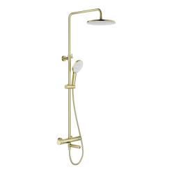 Душевая система Splenka S223.26.03 с термостатом, 1160-1560 мм цвет сатин золотой, комплект: термостатический смеситель/излив/тропический душ круглый (с верхней лейкой)/лейка/стойка/шланг, латунь/нержавеющая сталь