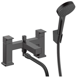 Смеситель для ванны Hansgrohe Vernis Shape на борт ванны двухвентильный, неповоротный, латунный, длина излива 11 см, керамический, цвет матовый черный, с душевым шлангом/переключающим вентилем/лейкой Vernis Blend Vario, на 2 отверстия