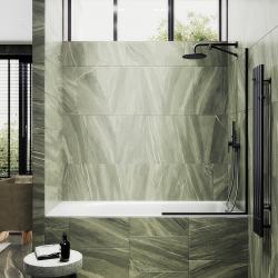 Душевая шторка на ванну MaybahGlass, 140х60 см, прозрачное стекло/профиль узкий, цвет черный, фиксированная, закаленное стекло 8 мм, плоская/панель, правая/левая, правосторонняя/левосторонняя, универсальная