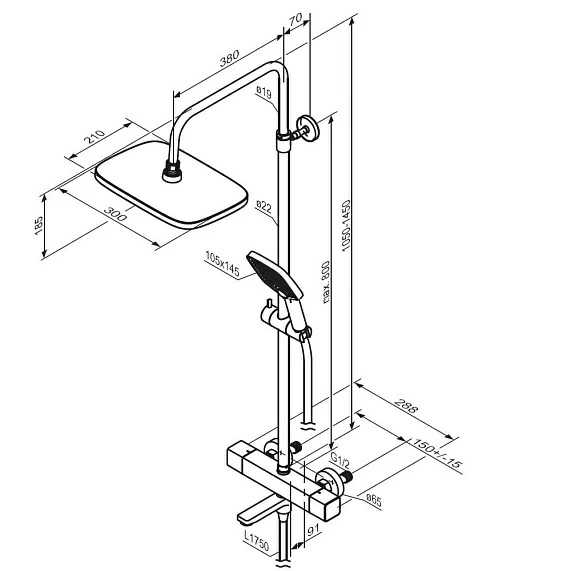Душевая система Damixa Gala, высота 1165-1565 мм, цвет хром, комплект: термостатический смеситель/излив/тропический душ прямоугольный (с верхней лейкой)/стойка/лейка/шланг