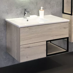 Тумба с раковиной Comforty Мальме 90, 91х54х46,5 см, подвесная, 2 выдвижных ящика/открытая полка, ЛДСП, прямоугольная, цвет- дуб дымчатый/раковина COMFORTY 9090EL, левая, прямоугольная, цвет белый, встраиваемая