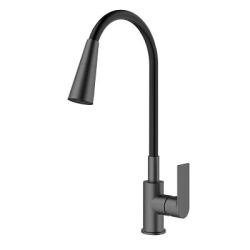 Смеситель для кухни/мойки Splenka S05.43.09 однорычажный, поворотный/гибкий излив, 2 режима поток воды и душ, керамический, высота 257 мм, длина 211 мм, латунь/силикон, цвет графит/черный