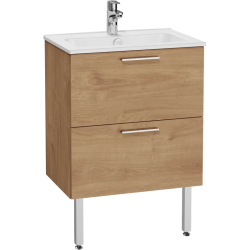 Тумба с раковиной Vitra Mia 60, 575х870х380 мм, напольная, 2 выдвижных ящика, МДФ, система плавного закрывания, прямоугольная, цвет: золотой дуб/умывальник (Mia 60), прямоугольная, цвет белый