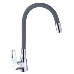 Смеситель для кухни/мойки VIEIR, однорычажный, поворотный, керамический, гибкий излив, длина излива 223 мм, латунь, цвет хром/серый