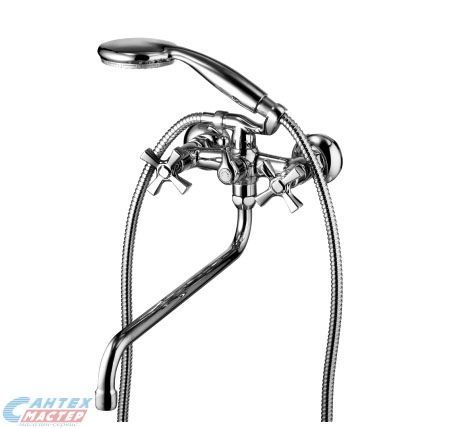 Смеситель для ванны/душа Lemark Benefit двухвентильный, керамический, настенный, излив 350 мм, с гибким шлангом, душем/лейкой, латунь хром, длинный, универсальный, горизонтальный, вентильный, кран, комплект, сантехника, размер, характеристики