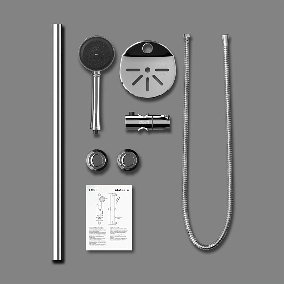 Душевой гарнитур Dorff Classic высота 600 мм, цвет хром, без смесителя, комплект: стойка/лейка/шланг/мыльница, настенная, латунь/пластик
