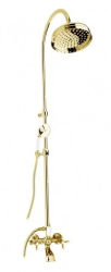 Душевая система Cezares Nostalgia, высота 893-1293 мм, цвет золото, комплект: двухвентильный смеситель/излив/тропический душ (с верхней лейкой)/стойка/лейка/шланг, наружного монтажа