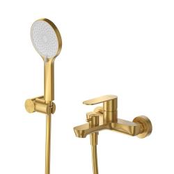 Смеситель для ванны/душа Cezares Stylus настенный, однорычажный, неповоротный, длина излива 176 мм, в комплекте с ручным душем, шлангом и держателем, керамический, нержавеющая сталь, цвет брашированное золото