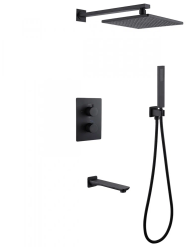 Душевая система ABBER Weiss Insel, встраиваемая, цвет черный матовый, комплект: смеситель термостатический/излив//тропический душ (с верхней лейкой)/лейка/шланг, встраиваемый (скрытый) монтаж