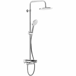 Душевая система Damixa Jupiter, высота 1050-1450 мм, цвет хром, комплект: термостатический смеситель-полка/излив/тропический душ круглый (с верхней лейкой)/стойка/лейка/шланг, латунь/пластик