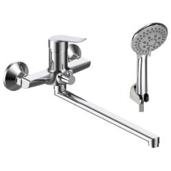 Смеситель для ванны/душа Voda Rock однорычажный, настенный, поворотный, керамический картридж, длина излива 325 мм, с гибким шлангом, лейкой, латунь, цвет хром RK31