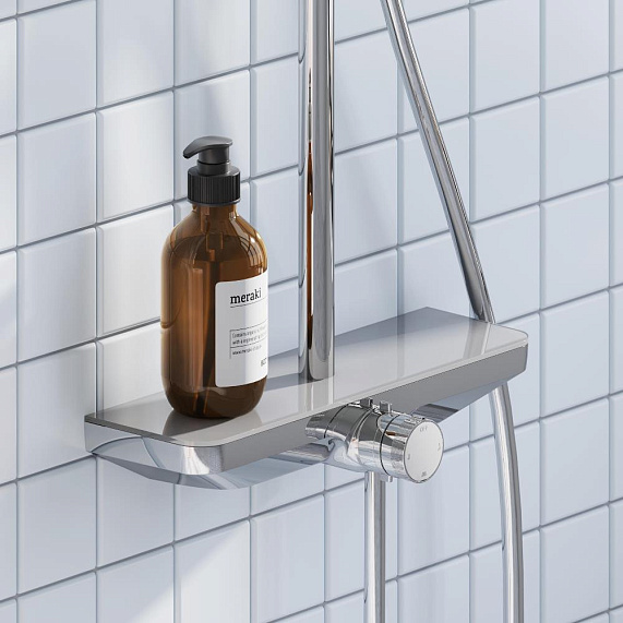 Душевая система Damixa Merkur, высота 1050-1450 мм, цвет хром, комплект: смеситель/излив/тропический душ прямоугольный (с верхней лейкой)/стойка/лейка/шланг, латунь/пластик