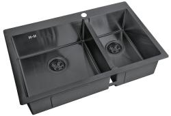 Мойка кухонная ZorG St Hammer SH, 78х51х20 см, две чаши, нержавеющая сталь, прямоугольная, цвет: графит, с отверстием под смеситель, без крыла, левая/левосторонняя, слив-перелив, врезная