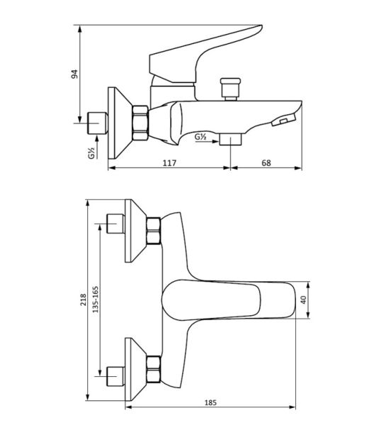 Смеситель для ванны/душа Damixa Origin Bit однорычажный, хромированный, настенный, излив средний, длина 170 мм, без шланга/лейки, литой, латунь хром
