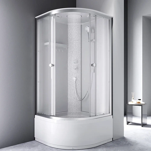 Душевая кабина AM.PM X-Joy 90x90 см поддон высокий, четверть круга/угловая, стекло прозрачное 4 мм, заднее белое, с верхним душем, профиль серебристый, без гидромассажа, с крышей
