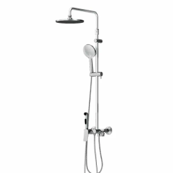 Душевая система Damixa Jupiter, высота 1050-1450 мм, цвет хром, комплект: смеситель/излив/гигиенический душ/тропический душ круглый (с верхней лейкой)/стойка/лейка/шланг, сталь/пластик/латунь