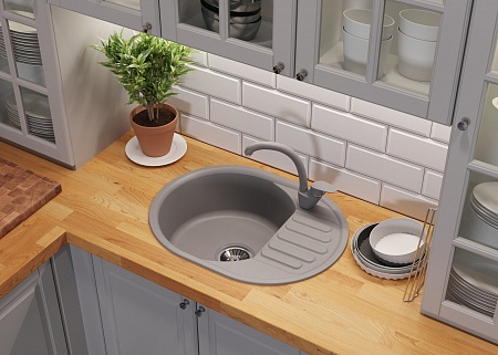 Мойка кухонная Polygran QuartzBond, 61х48 см, врезная, искусственный камень, овальная, цвет грей, без отверстия под смеситель, слив-перелив, с крылом, оборачиваемая, врезная в столещницу