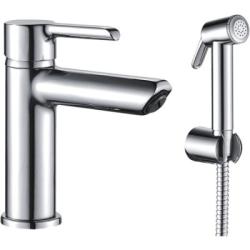 Смеситель для умывальника SHEVANIK с гигиеническим душем/лейкой, однорычажный, излив короткий 105 мм, керамический, латунь, цвет хром