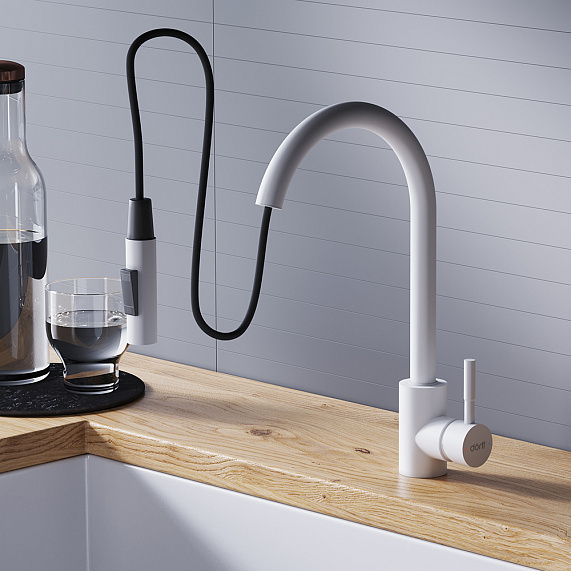 Смеситель для кухни/мойки Dorff Logic однорычажный, поворотный/выдвижной излив, керамический, длина излива 229 мм, нержавеющая сталь, цвет белый