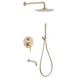 Душевая система ABBER Wasser Kreis скрытого монтажа, цвет золото матовое, комплект: однорычажный смеситель/излив/тропический душ (с верхней лейкой)/лейка/шланг