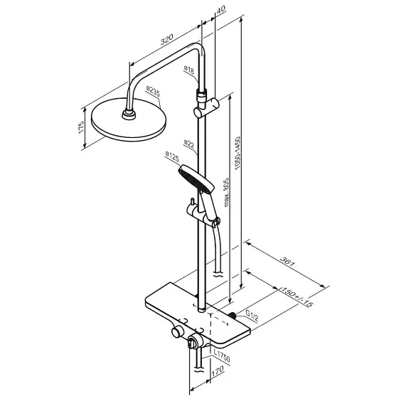 Душевая система Damixa Apollo, высота 1050-1450 мм, цвет черный матовый, комплект: термостатический смеситель-полка/излив/тропический душ круглый (с верхней лейкой)/стойка/лейка/шланг, латунь/пластик
